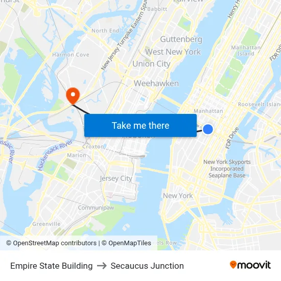 Empire State Building to Secaucus Junction map