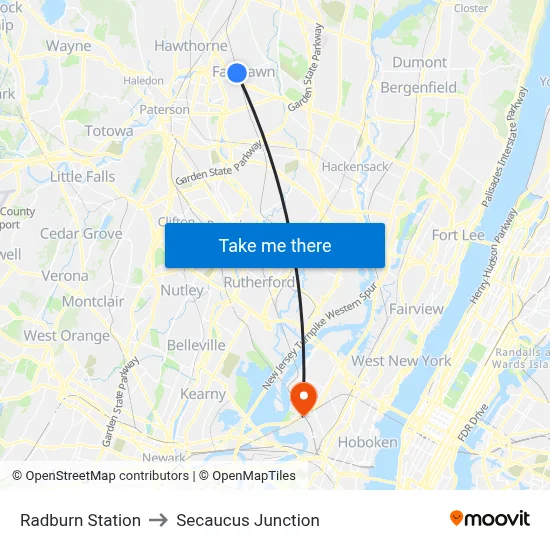 Radburn Station to Secaucus Junction map