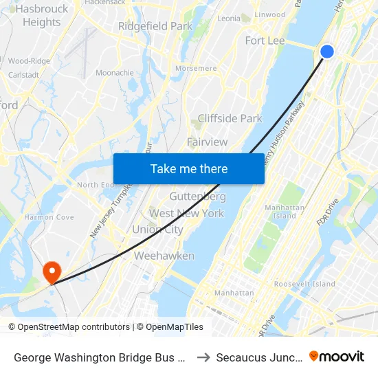 George Washington Bridge Bus Station to Secaucus Junction map