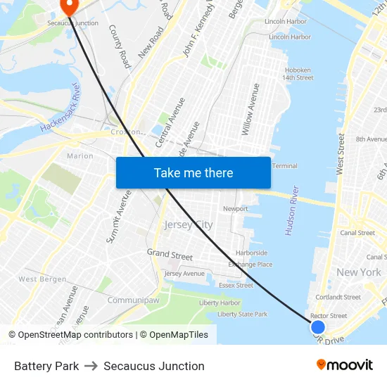 Battery Park to Secaucus Junction map