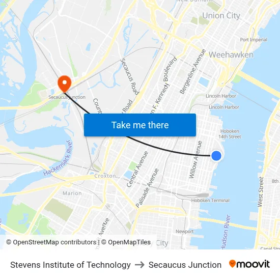 Stevens Institute of Technology to Secaucus Junction map