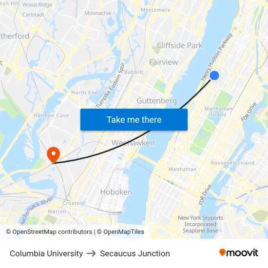 Columbia University to Secaucus Junction map