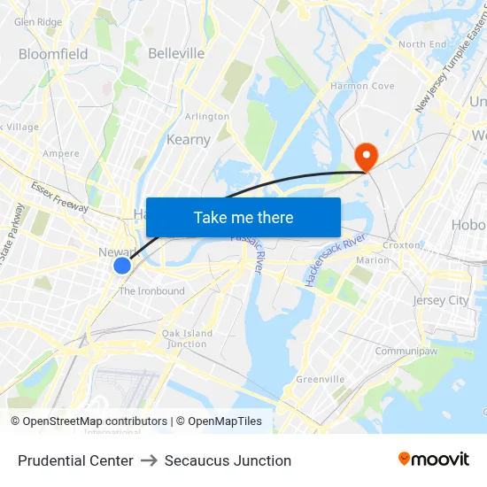 Prudential Center to Secaucus Junction map