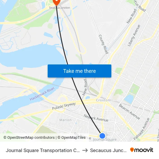 Journal Square Transportation Center to Secaucus Junction map