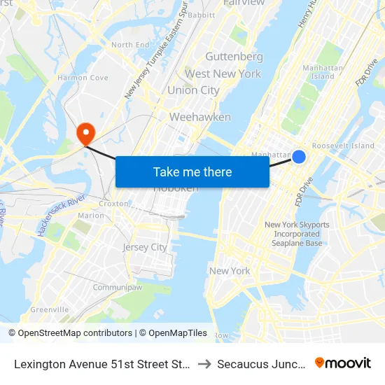 Lexington Avenue 51st Street Station to Secaucus Junction map