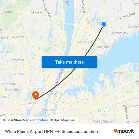 White Plains Airport HPN to Secaucus Junction map