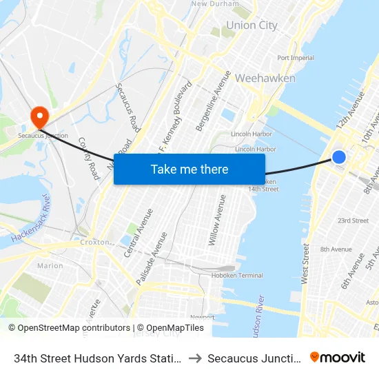 34th Street Hudson Yards Station to Secaucus Junction map