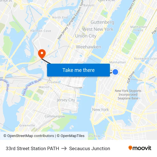 33rd Street Station PATH to Secaucus Junction map