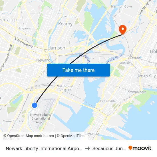 Newark Liberty International Airport Station to Secaucus Junction map