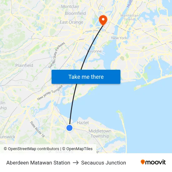Aberdeen Matawan Station to Secaucus Junction map