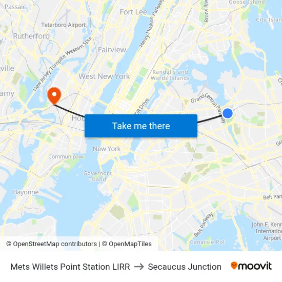 Mets Willets Point Station LIRR to Secaucus Junction map