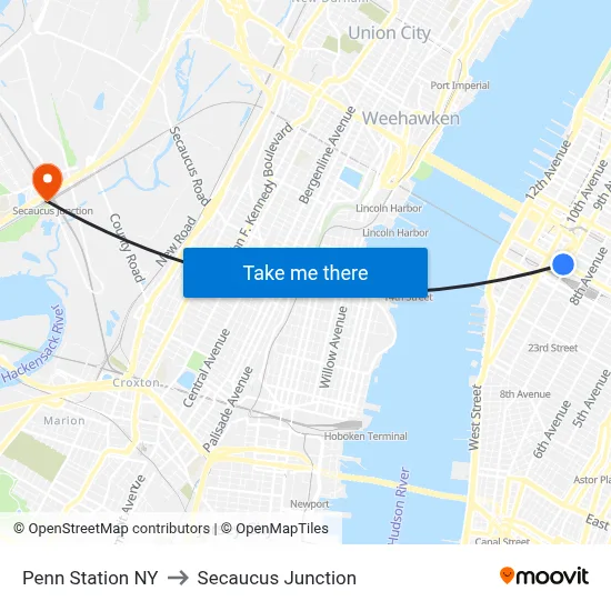 Penn Station NY to Secaucus Junction map