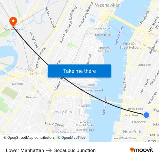 Lower Manhattan to Secaucus Junction map
