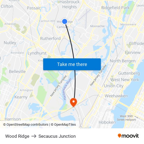 Wood Ridge to Secaucus Junction map