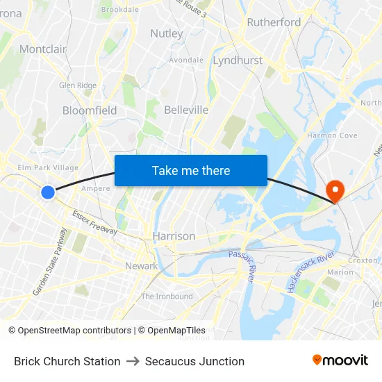 Brick Church Station to Secaucus Junction map