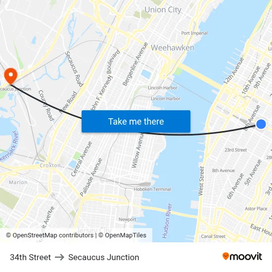 34th Street to Secaucus Junction map