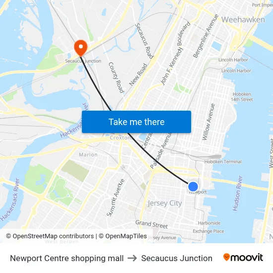 Newport Centre shopping mall to Secaucus Junction map