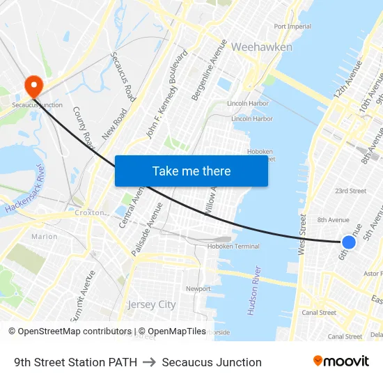 9th Street Station PATH to Secaucus Junction map
