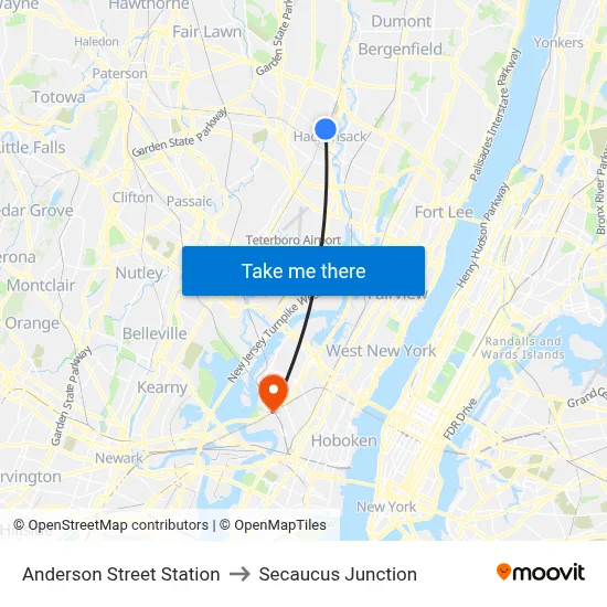 Anderson Street Station to Secaucus Junction map