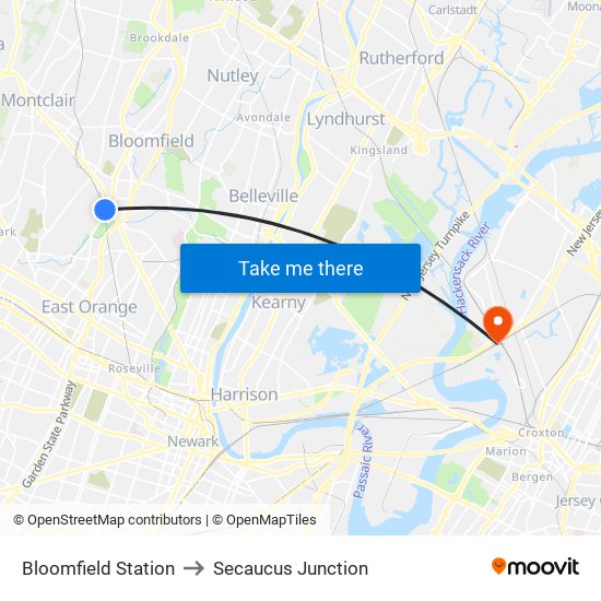 Bloomfield Station to Secaucus Junction map