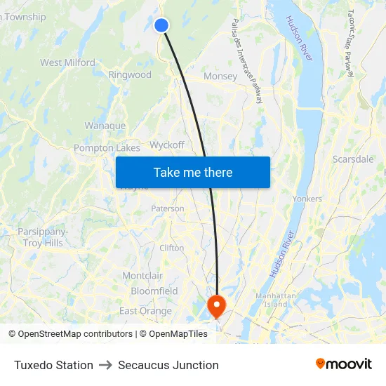 Tuxedo Station to Secaucus Junction map