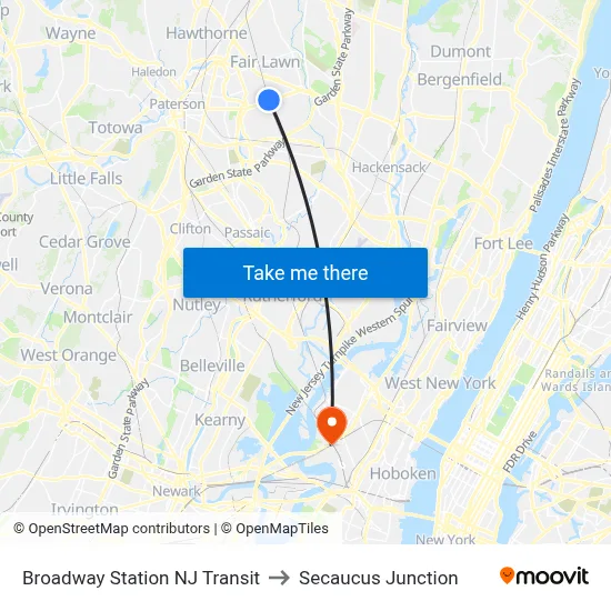 Broadway Station NJ Transit to Secaucus Junction map
