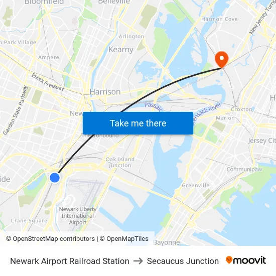 Newark Airport Railroad Station to Secaucus Junction map