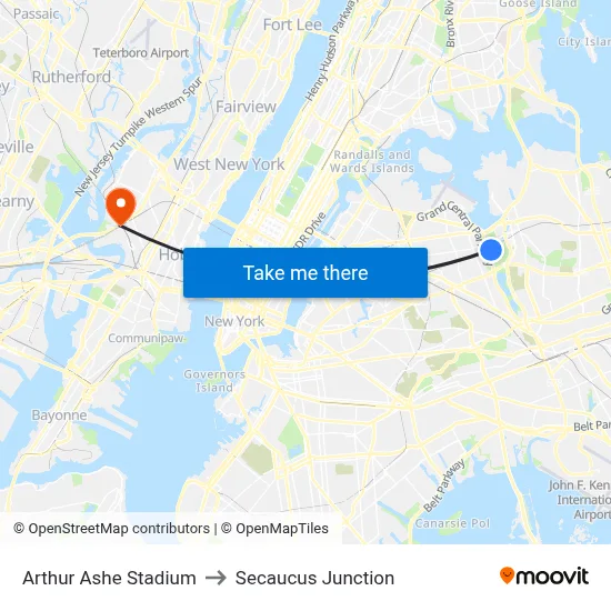 Arthur Ashe Stadium to Secaucus Junction map