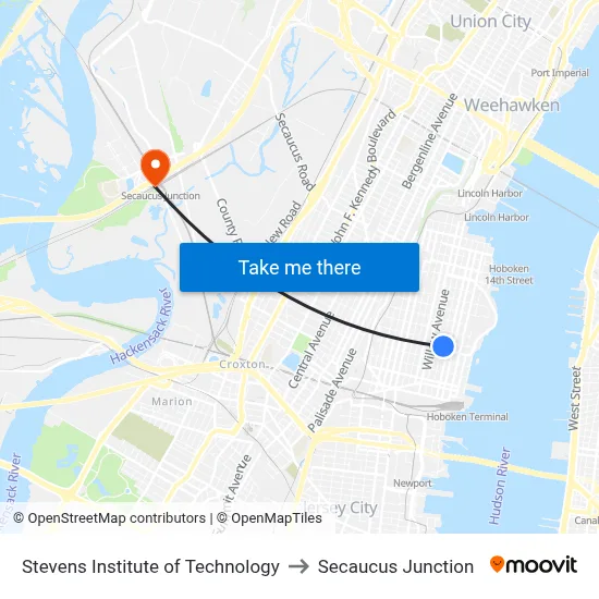 Stevens Institute of Technology to Secaucus Junction map