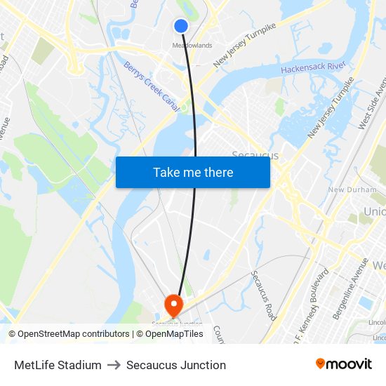 MetLife Stadium to Secaucus Junction map