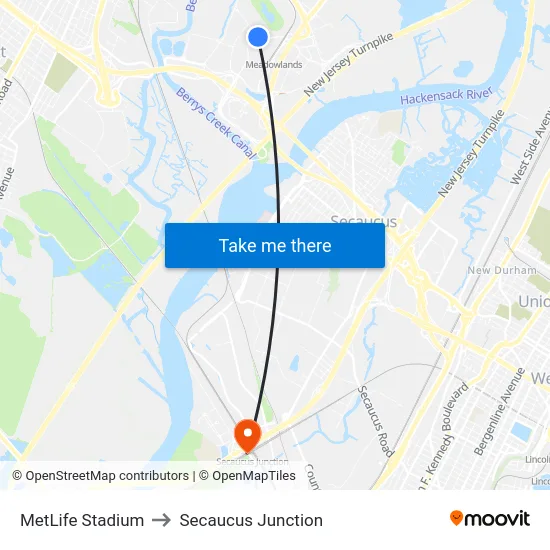 MetLife Stadium to Secaucus Junction map