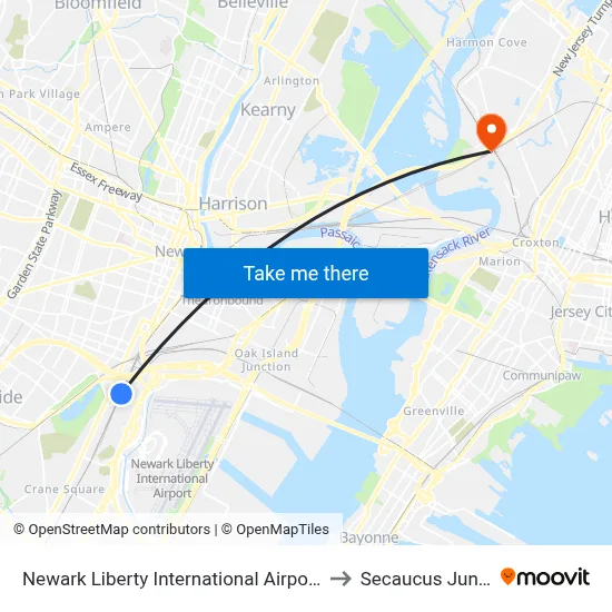 Newark Liberty International Airport Station to Secaucus Junction map