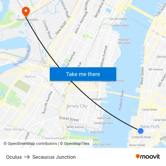 Oculus to Secaucus Junction map
