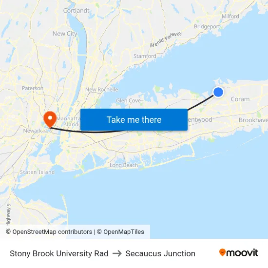 Stony Brook University Rad to Secaucus Junction map