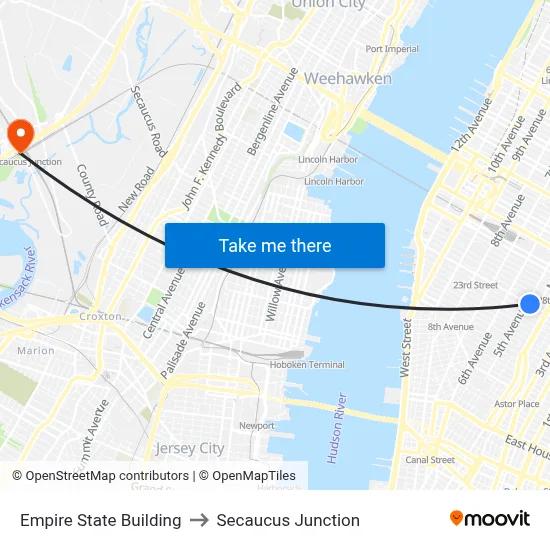 Empire State Building to Secaucus Junction map
