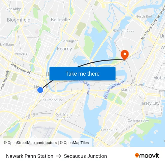 Newark Penn Station to Secaucus Junction map