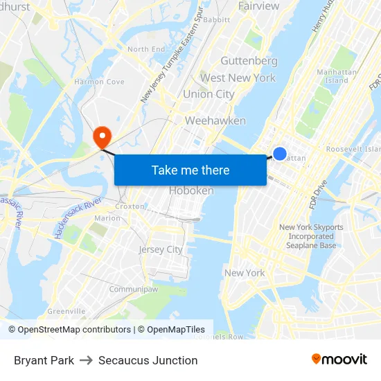 Bryant Park to Secaucus Junction map