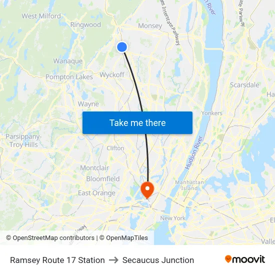 Ramsey Route 17 Station to Secaucus Junction map