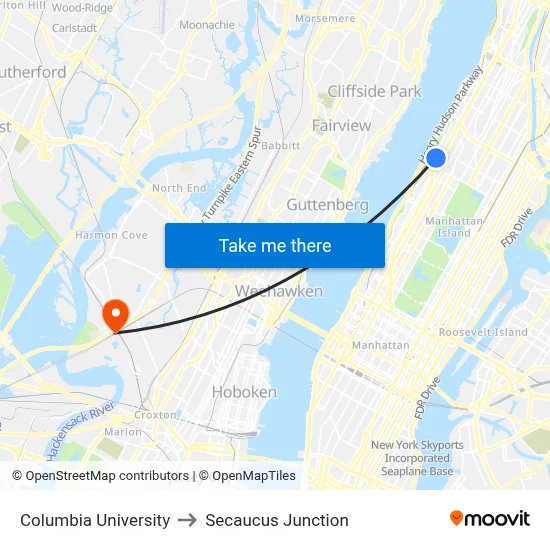 Columbia University to Secaucus Junction map