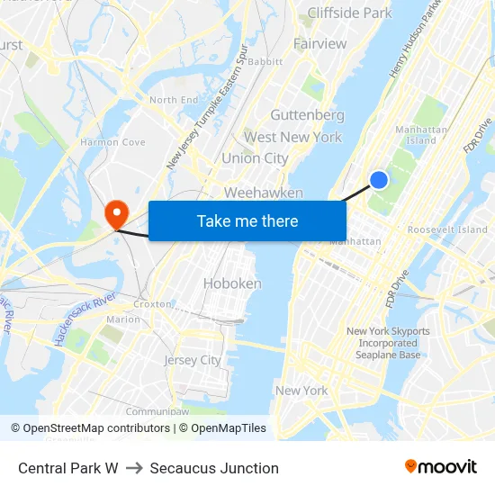 Central Park W to Secaucus Junction map