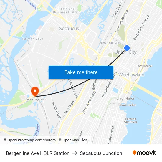 Bergenline Ave HBLR Station to Secaucus Junction map