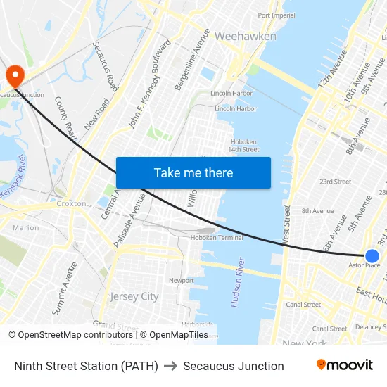 Ninth Street Station (PATH) to Secaucus Junction map
