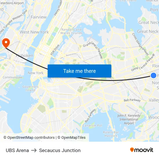 UBS Arena to Secaucus Junction map