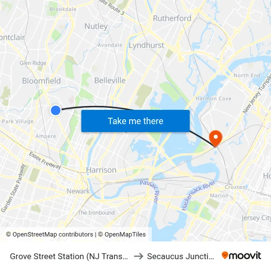 Grove Street Station (NJ Transit) to Secaucus Junction map