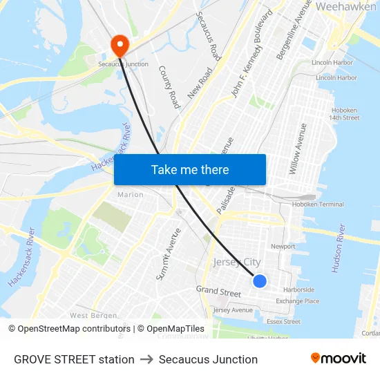 GROVE STREET station to Secaucus Junction map