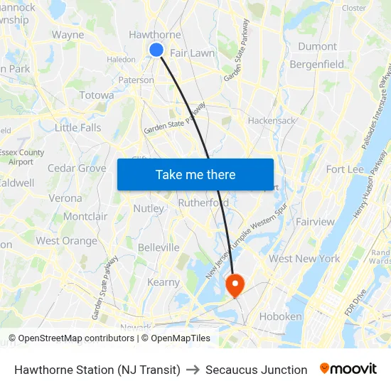 Hawthorne Station (NJ Transit) to Secaucus Junction map