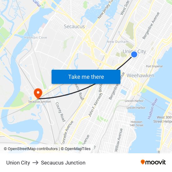 Union City to Secaucus Junction map