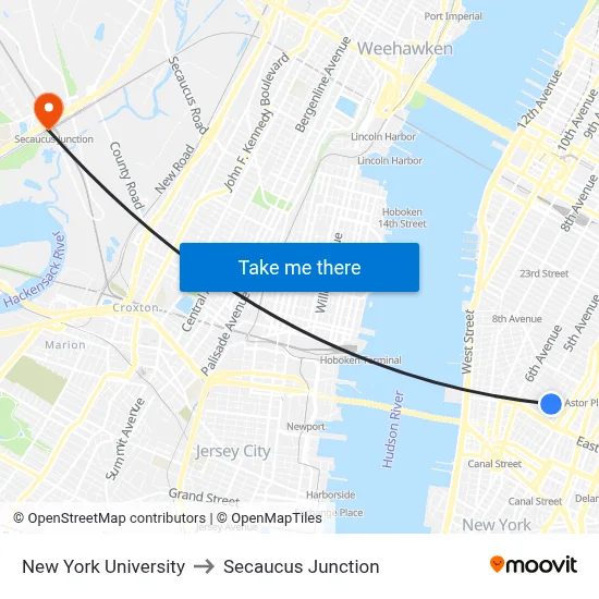 New York University to Secaucus Junction map