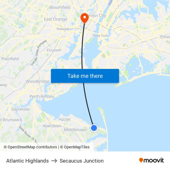 Atlantic Highlands to Secaucus Junction map