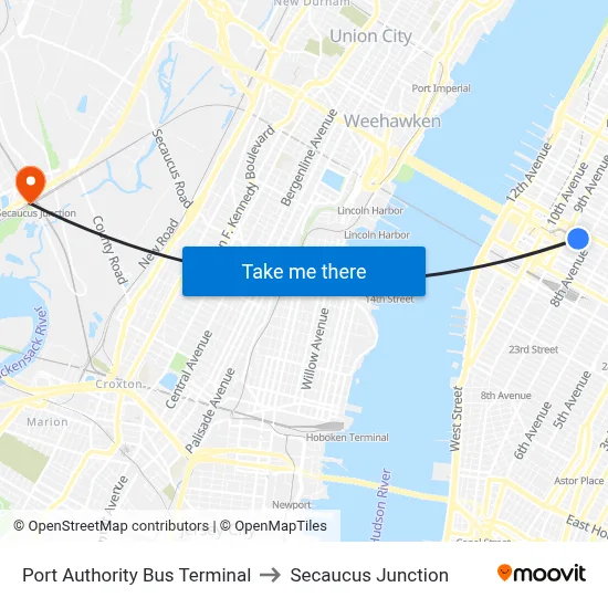 Port Authority Bus Terminal to Secaucus Junction map